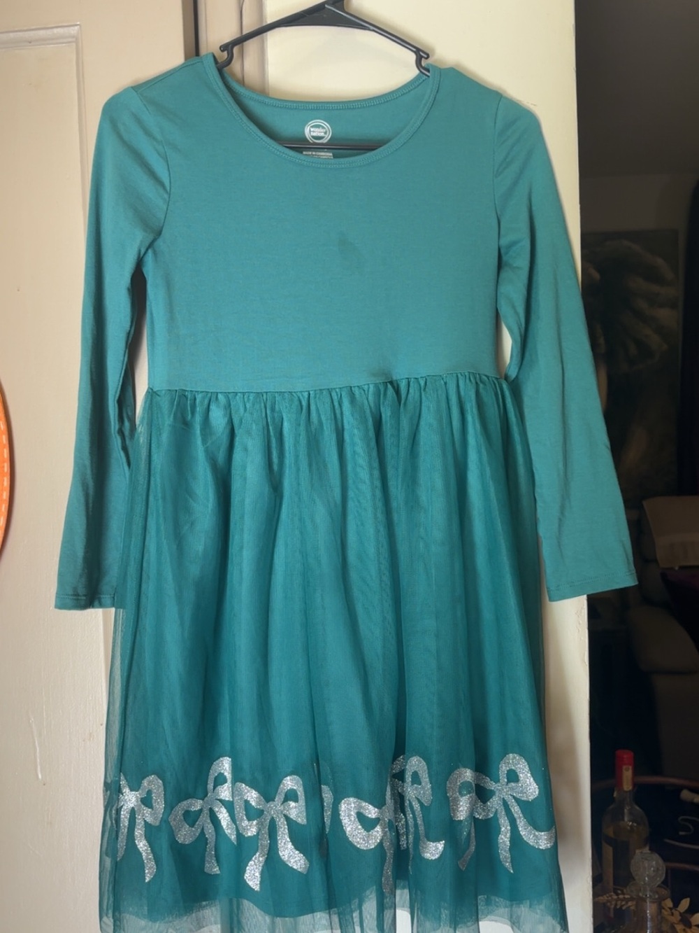 Wonder Nation Girls Teal Long Sleeve Dress, Size L 10–12, Silver Bow Hem